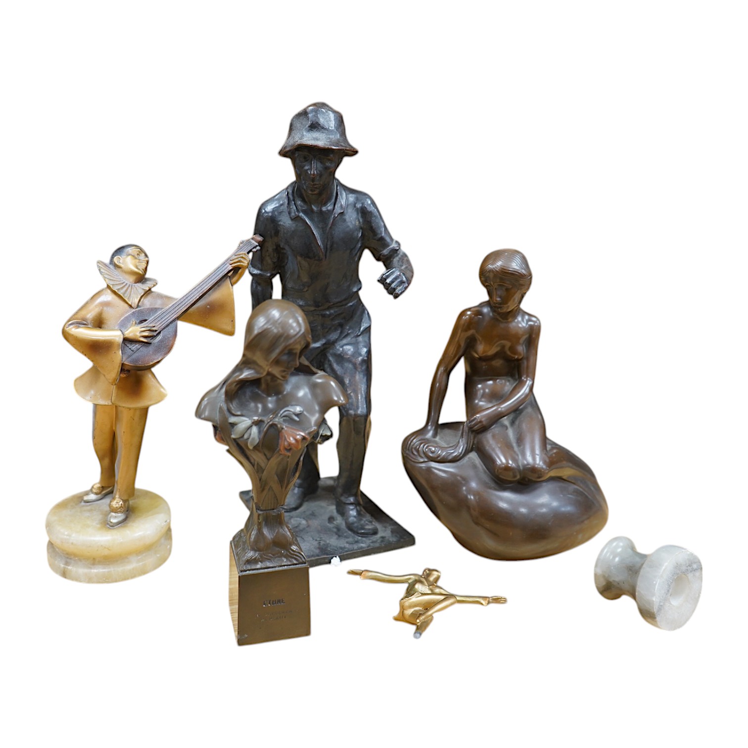 Five figural metal sculptures: a Copenhagen sculpture, signed Edvard Eriksen R.A, an Art Nouveau style bronze of a female figure stamped and dated, an enamelled figure of a musical Pierrot, another of a male figure and a